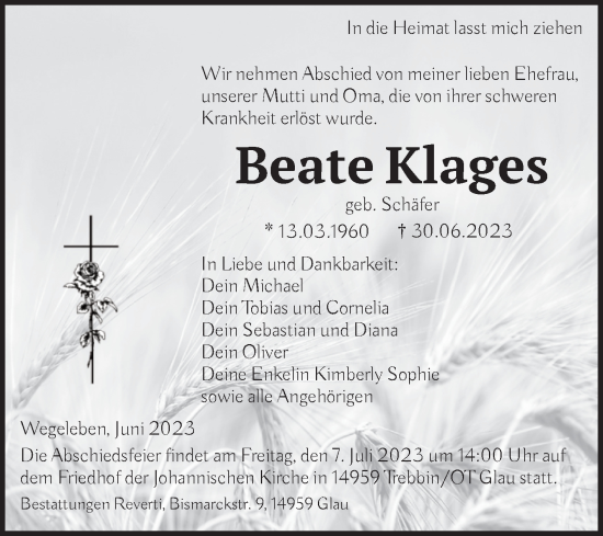 Traueranzeige von Beate Klages von Volksstimme Halberstadt