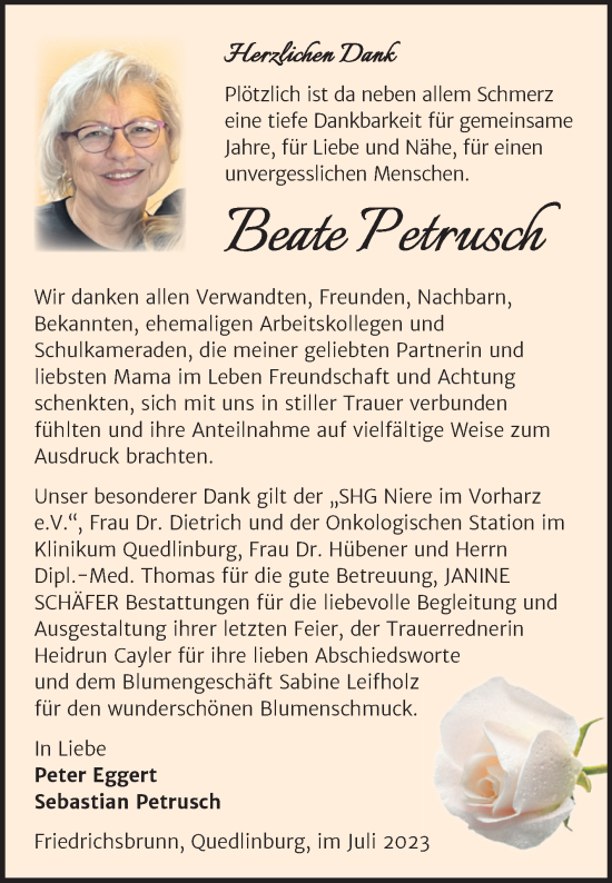Traueranzeige von Beate Petrusch von Trauerkombi Quedlinburg