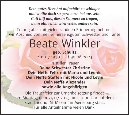 Traueranzeige von Beate Winkler von Trauerkombi Merseburg