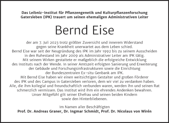 Traueranzeige von Bernd Eise von Mitteldeutsche Zeitung Salzlandkreis