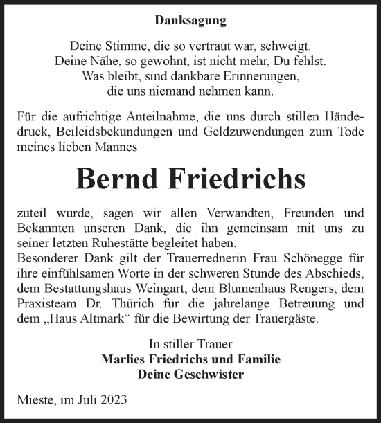 Traueranzeige von Bernd Friedrichs von Volksstimme Altmark West