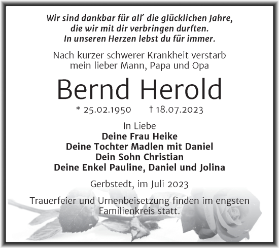 Traueranzeige von Bernd Herold von Trauerkombi Mansfelder Land
