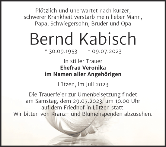 Traueranzeige von Bernd Kabisch von Trauerkombi Weißenfels