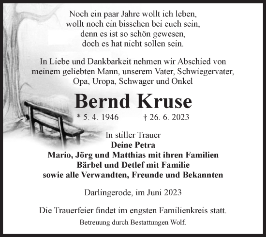 Traueranzeige von Bernd Kruse von Volksstimme Halberstadt
