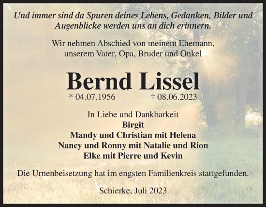 Traueranzeige von Bernd Lissel von Volksstimme Wernigerode