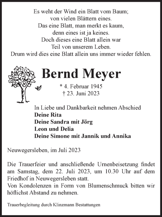 Traueranzeige von Bernd Meyer von Volksstimme Oschersleben/Wanzleben