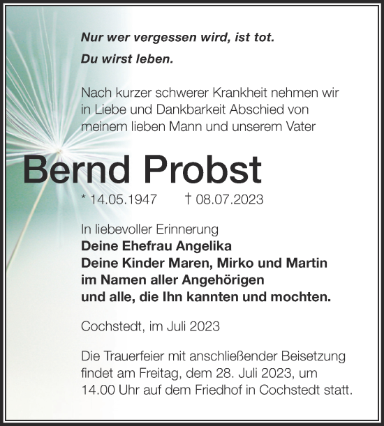 Traueranzeige von Bernd Probst 