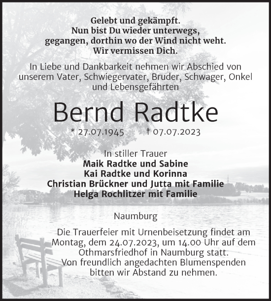 Traueranzeige von Bernd Radtke von Wochenspiegel Naumburg/Nebra