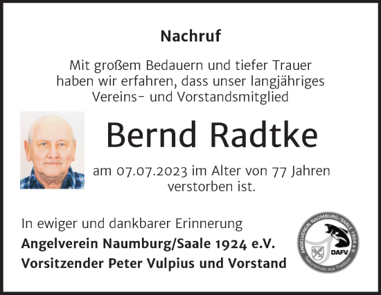 Traueranzeige von Bernd Radtke von Wochenspiegel Naumburg/Nebra