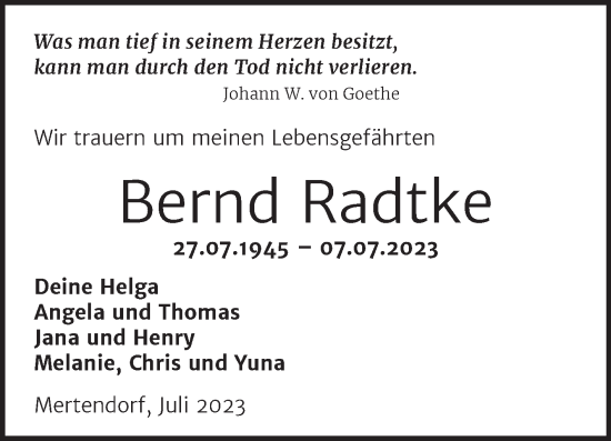 Traueranzeige von Bernd Radtke von Wochenspiegel Naumburg/Nebra