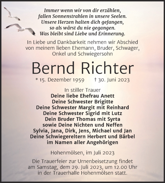 Traueranzeige von Bernd Richter von Trauerkombi Weißenfels