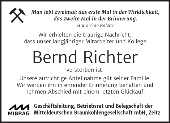 Traueranzeige von Bernd Richter von Super Sonntag Weißenfels