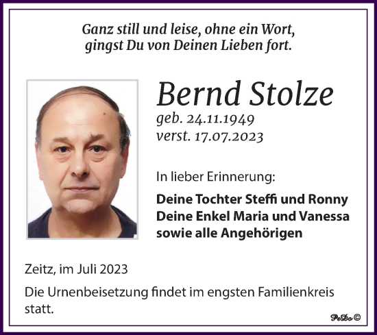 Traueranzeige von Bernd Stolze von Trauerkombi Zeitz