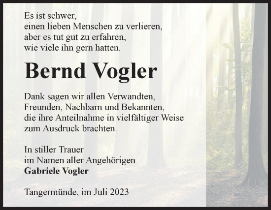 Traueranzeige von Bernd Vogler von Volksstimme Altmark Ost