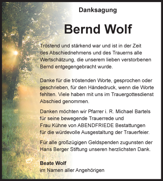 Traueranzeige von Bernd Wolf von Volksstimme Magdeburg
