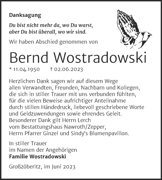 Traueranzeige von Bernd Wostradowski von Trauerkombi Bitterfeld