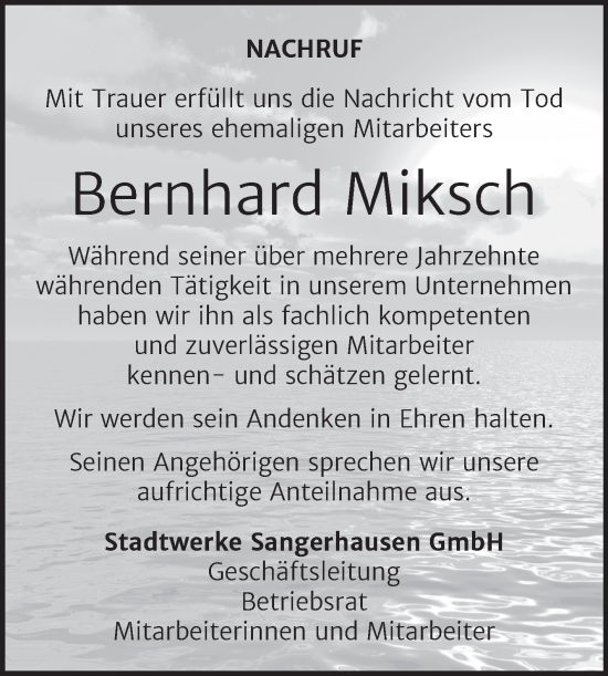 Traueranzeige von Bernhard Miksch von Mitteldeutsche Zeitung Sangerhausen