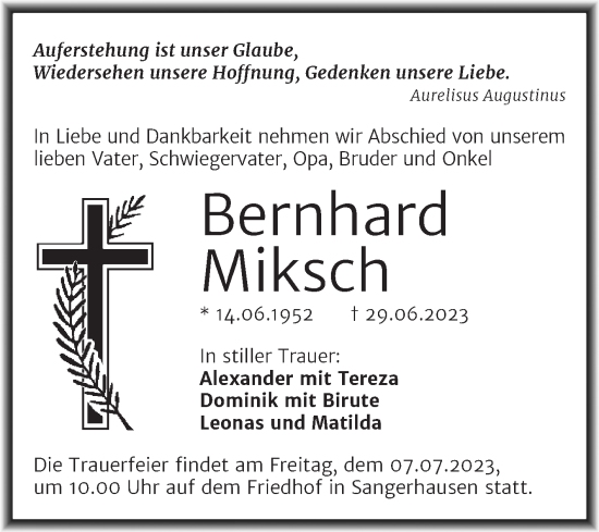 Traueranzeige von Bernhard Miksch von Mitteldeutsche Zeitung Sangerhausen