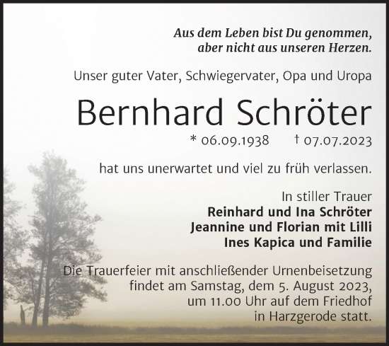 Traueranzeige von Bernhard Schröter von Trauerkombi Quedlinburg
