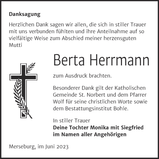 Traueranzeige von Berta Herrmann von Trauerkombi Merseburg