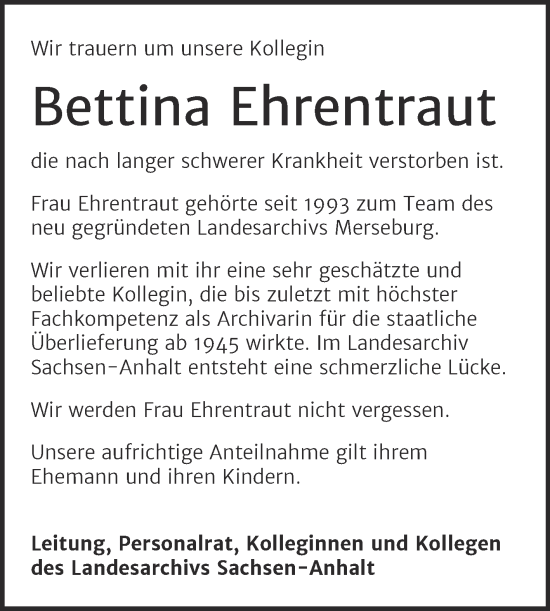 Traueranzeige von Bettina Ehrentraut von Mitteldeutsche Zeitung Merseburg/Querfurt
