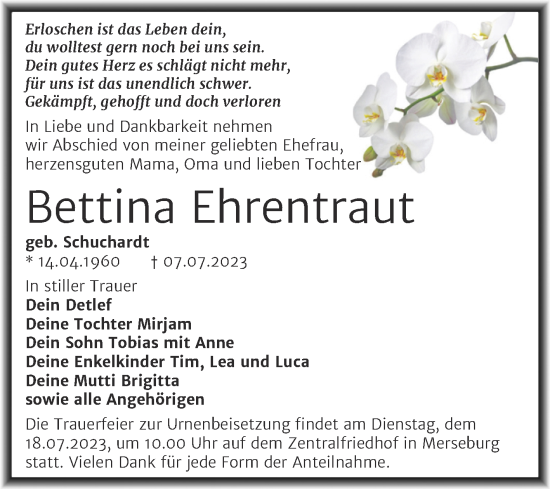 Traueranzeige von Bettina Ehrentraut von Trauerkombi Merseburg