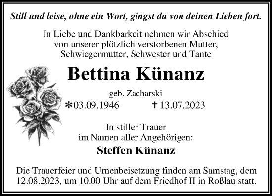 Traueranzeige von Bettina Künanz von Trauerkombi Dessau