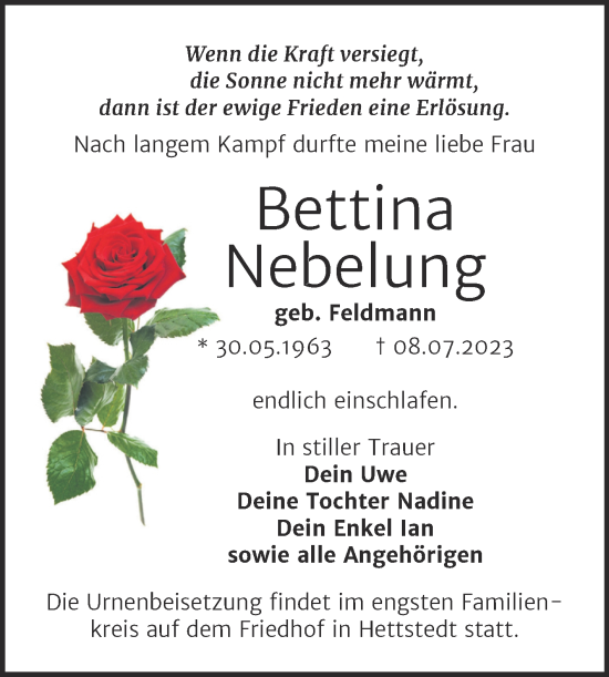 Traueranzeige von Bettina Nebelung von Trauerkombi Mansfelder Land