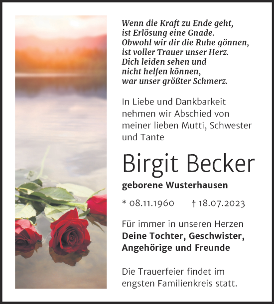 Traueranzeige von Birgit Becker von Trauerkombi Merseburg