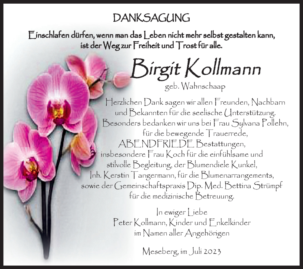  Traueranzeige für Birgit Kollmann vom 22.07.2023 aus Volksstimme Haldensleben/Wolmirstedt