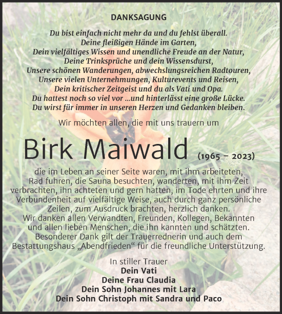 Traueranzeige von Birk Maiwald von Trauerkombi Merseburg