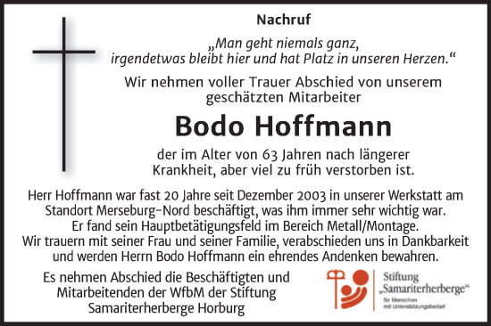Traueranzeige von Bodo Hoffmann von Super Sonntag Merseburg/Querfurt