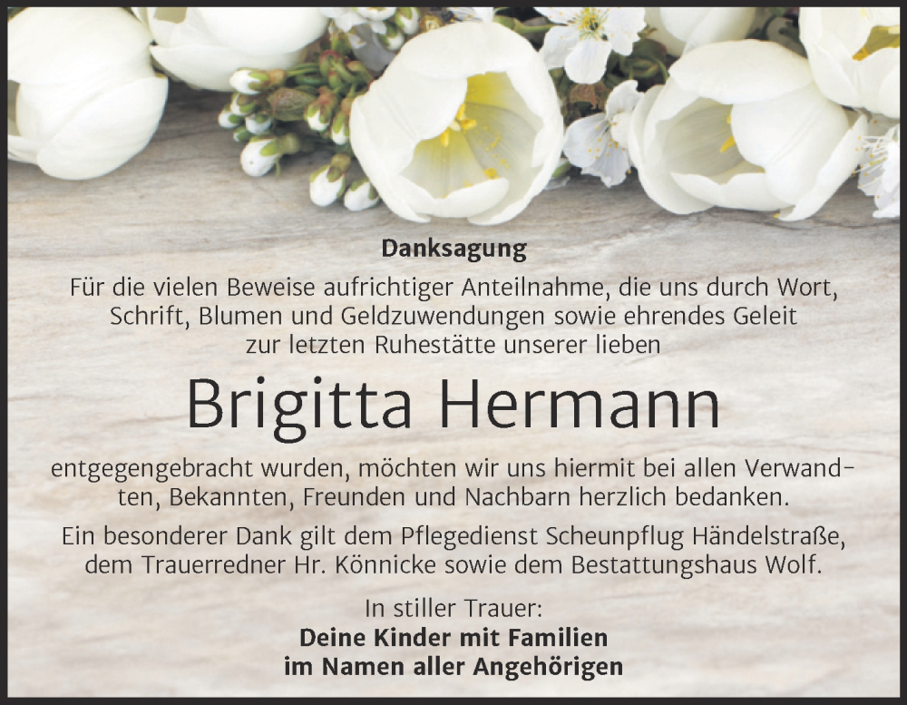  Traueranzeige für Brigitta Hermann vom 15.07.2023 aus Trauerkombi Weißenfels