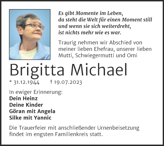 Traueranzeige von Brigitta Michael von Mitteldeutsche Zeitung Halle/Saalkreis