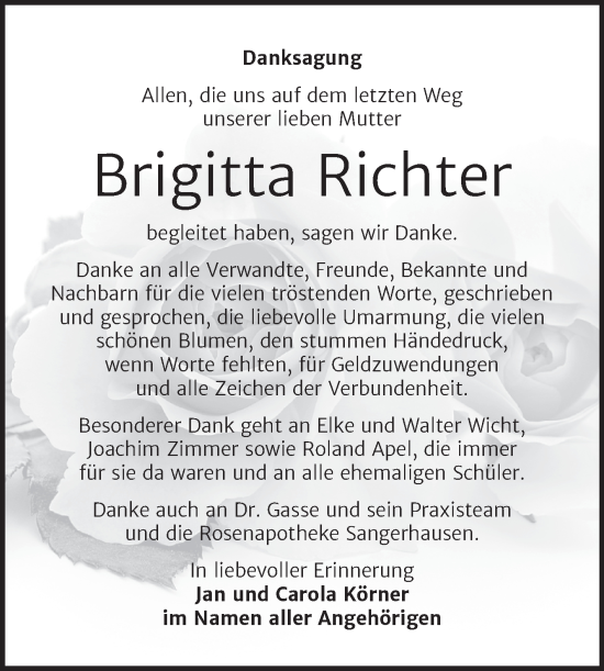 Traueranzeige von Brigitta Richter von Trauerkombi Sangerhausen