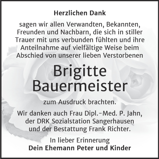 Traueranzeige von Brigitte Bauermeister von Trauerkombi Sangerhausen