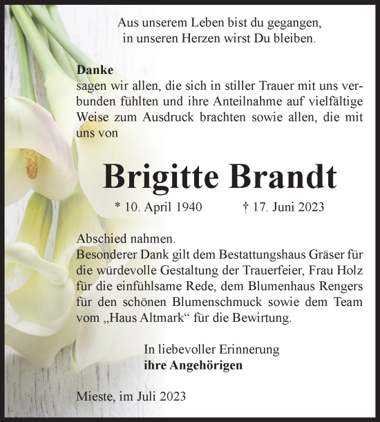 Traueranzeige von Brigitte Brandt von Volksstimme Altmark West