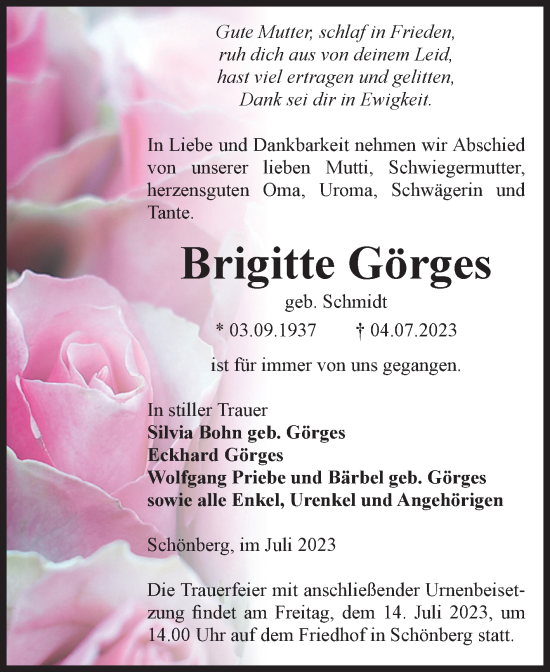 Traueranzeige von Brigitte Görges von Volksstimme Altmark Ost