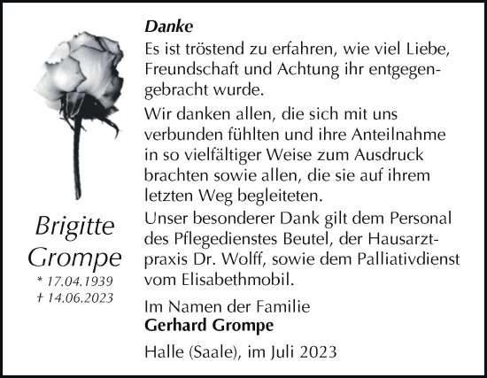 Traueranzeige von Brigitte Grompe von Mitteldeutsche Zeitung Halle/Saalkreis