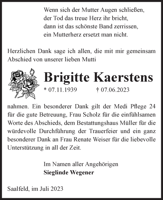 Traueranzeige von Brigitte Kaerstens von Volksstimme Altmark West