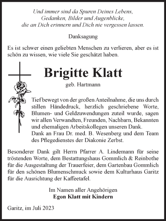 Traueranzeige von Brigitte Klatt von Volksstimme Zerbst