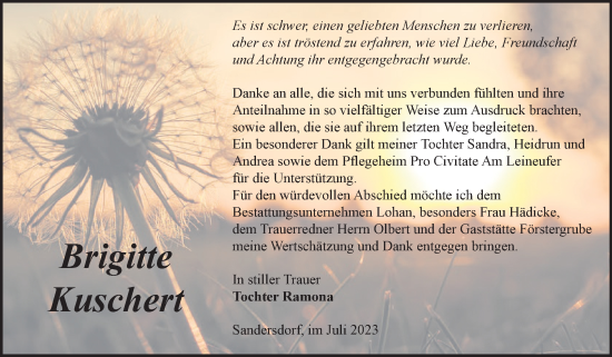 Traueranzeige von Brigitte Kuschert von Trauerkombi Bitterfeld