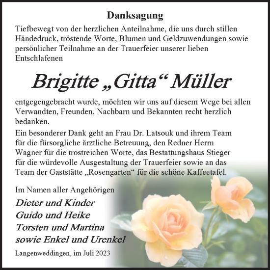 Traueranzeige von Brigitte Müller von Volksstimme Oschersleben/Wanzleben