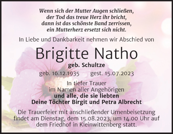 Traueranzeige von Brigitte Natho von Trauerkombi Wittenberg
