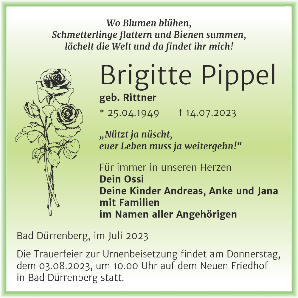  Traueranzeige für Brigitte Pippel vom 22.07.2023 aus Trauerkombi Merseburg