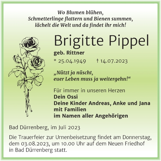 Traueranzeige von Brigitte Pippel von Super Sonntag Merseburg/Querfurt