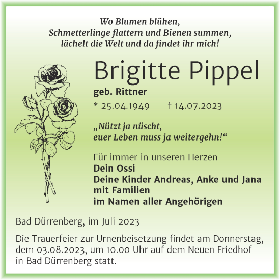 Traueranzeige von Brigitte Pippel von Trauerkombi Merseburg