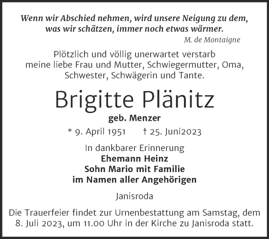 Traueranzeige von Brigitte Plänitz von Wochenspiegel Naumburg/Nebra