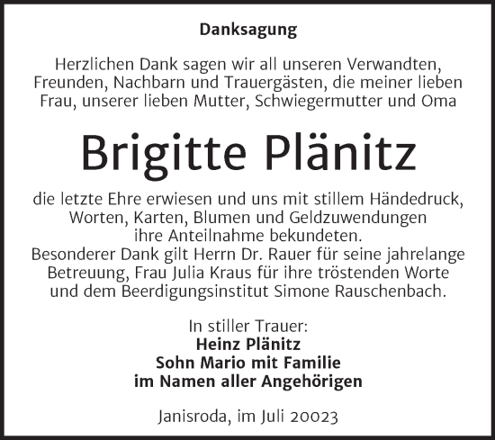 Traueranzeige von Brigitte Plänitz von Wochenspiegel Naumburg/Nebra