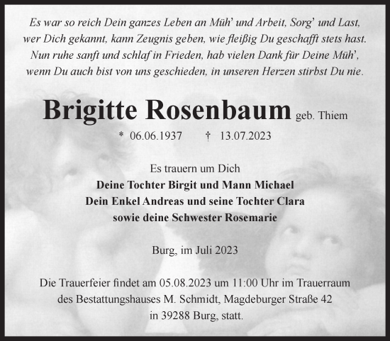 Traueranzeige von Brigitte Rosenbaum von Volksstimme Burg/Genthin